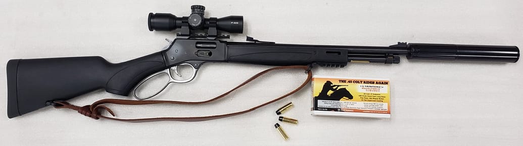 45 Colt Rides Again Henry X Lever-Action Carbine with suppressor and 400gr 45 colt ammunition