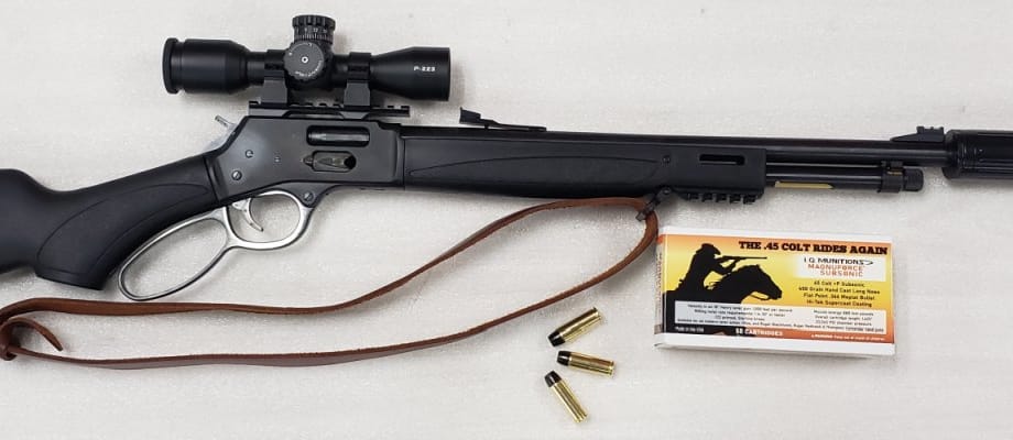 45 Colt Rides Again Henry X Lever-Action Carbine with suppressor and 400gr 45 colt ammunition